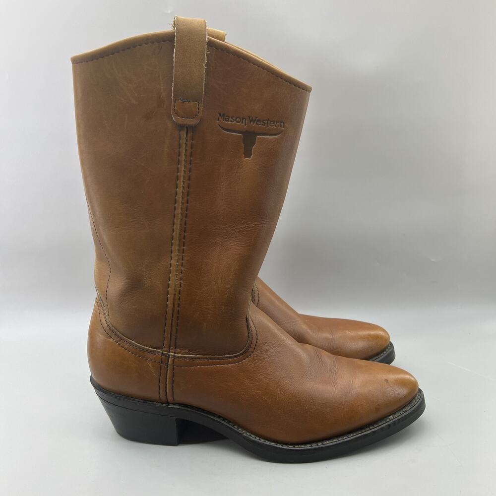 Mason Western 920 Cowboy Boots Men Size 10 C Brown Leather Pull On 12 Inch Shoes